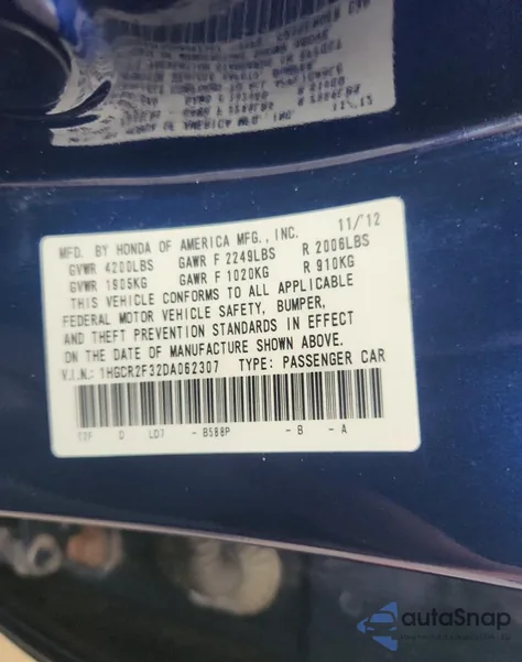 2013 Honda Accord Lx from USA, damaged, VIN 1HGCR2F32DA062307